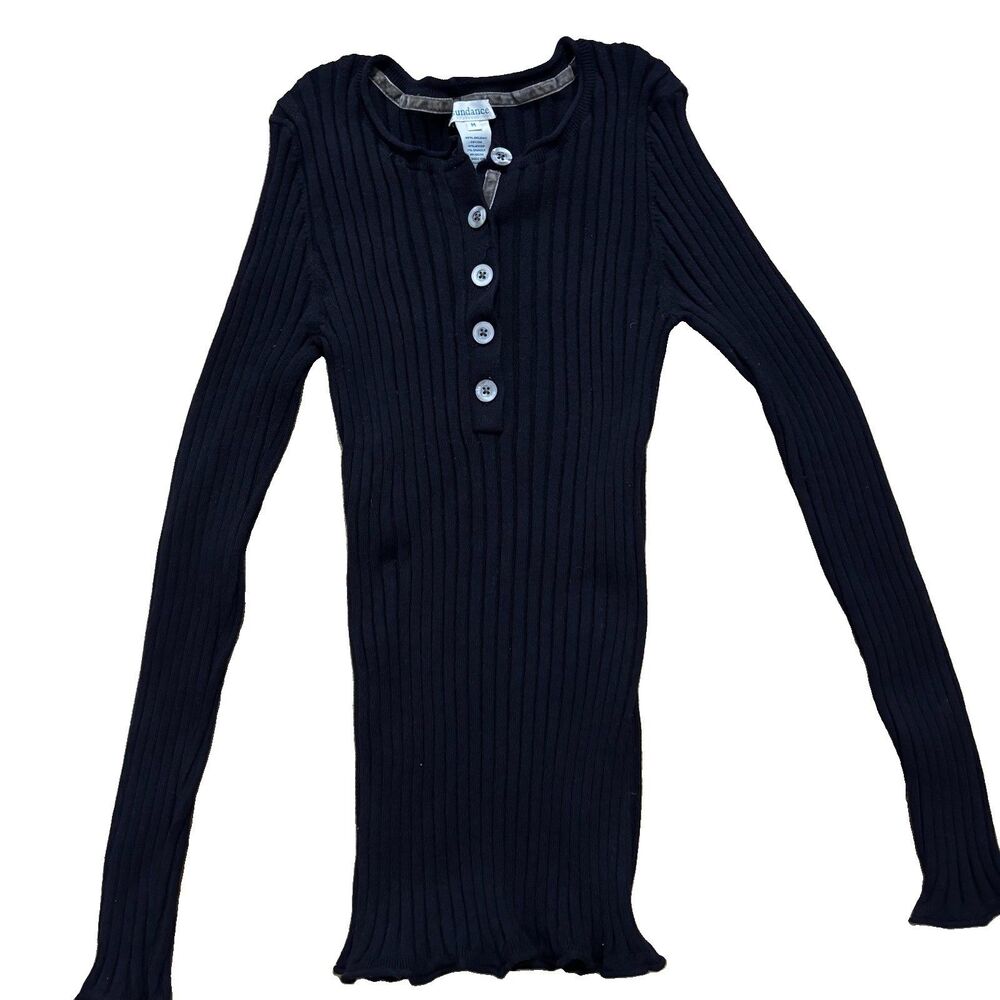 Sundance Ribbed Henley Top Womens Sz Medium Black Organic Cotton Stretch Boho